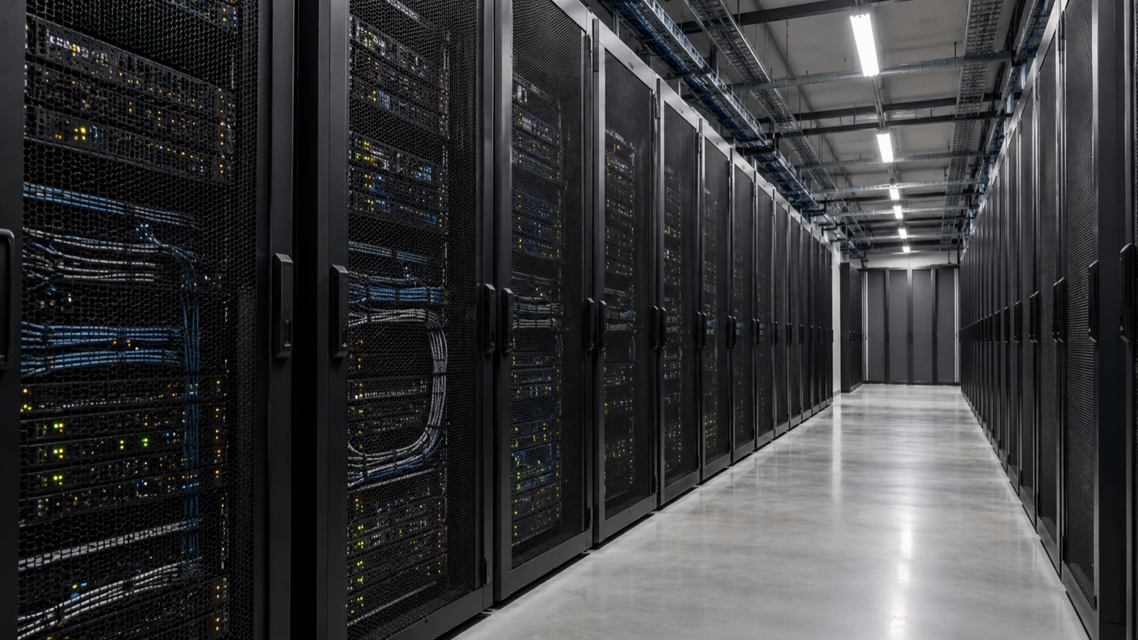 An aisle of server racks inside a data center.