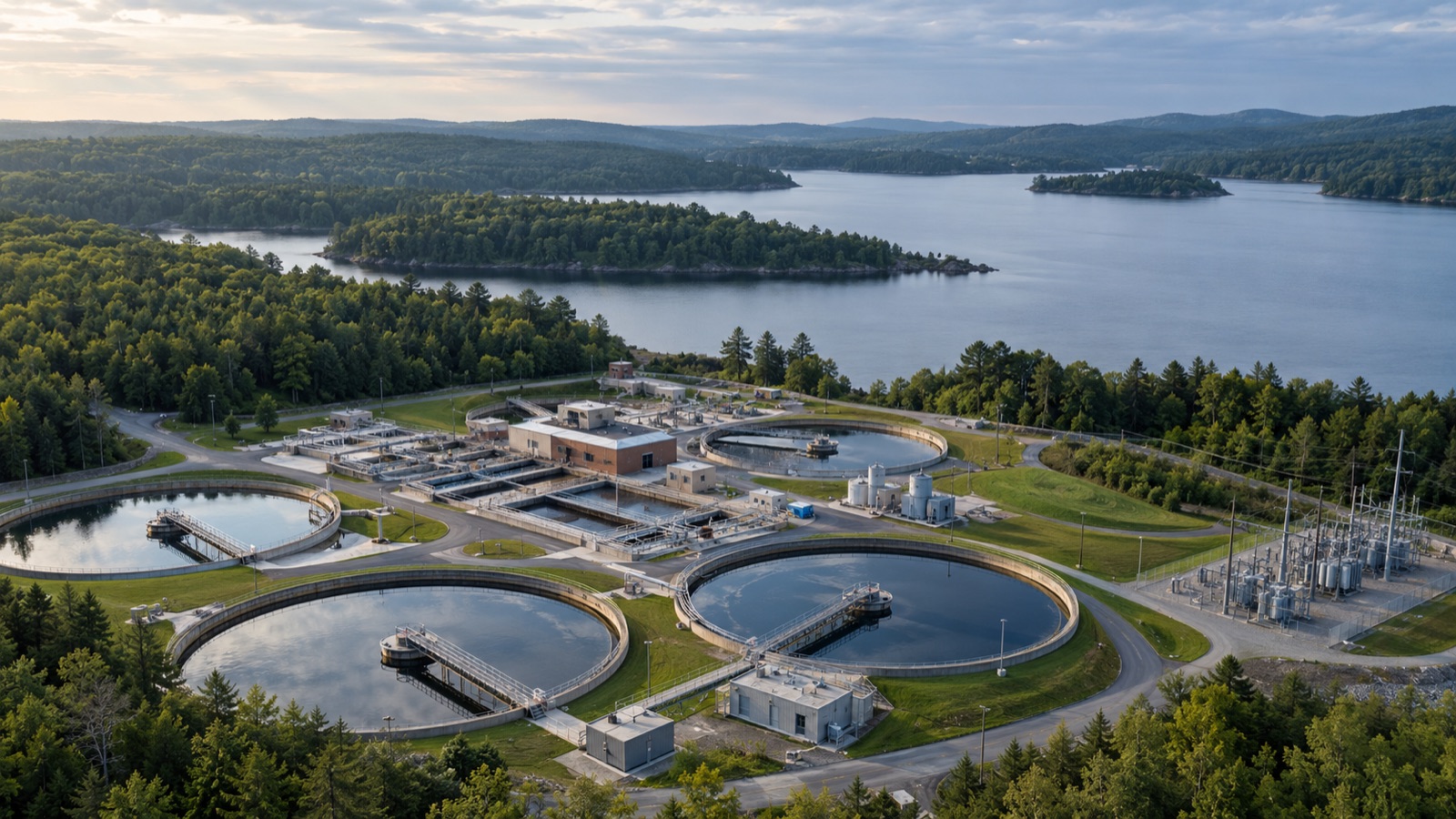 An aerial view of utility infrastructure and water treatment basins.