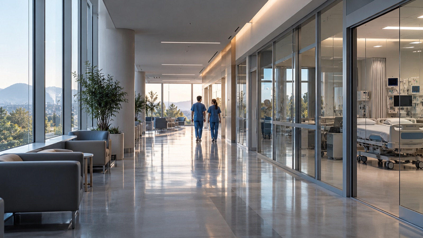 A quiet hospital corridor with clinicians and equipment in the distance.