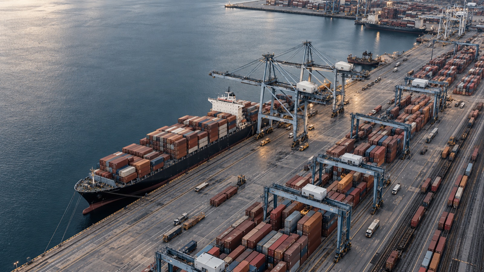 Shipping containers, cranes, and rail tracks at a working port.