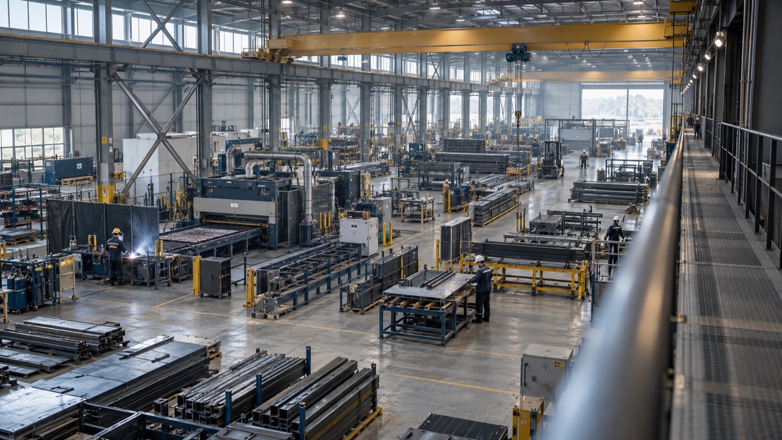 Production equipment and workers in an industrial workshop.