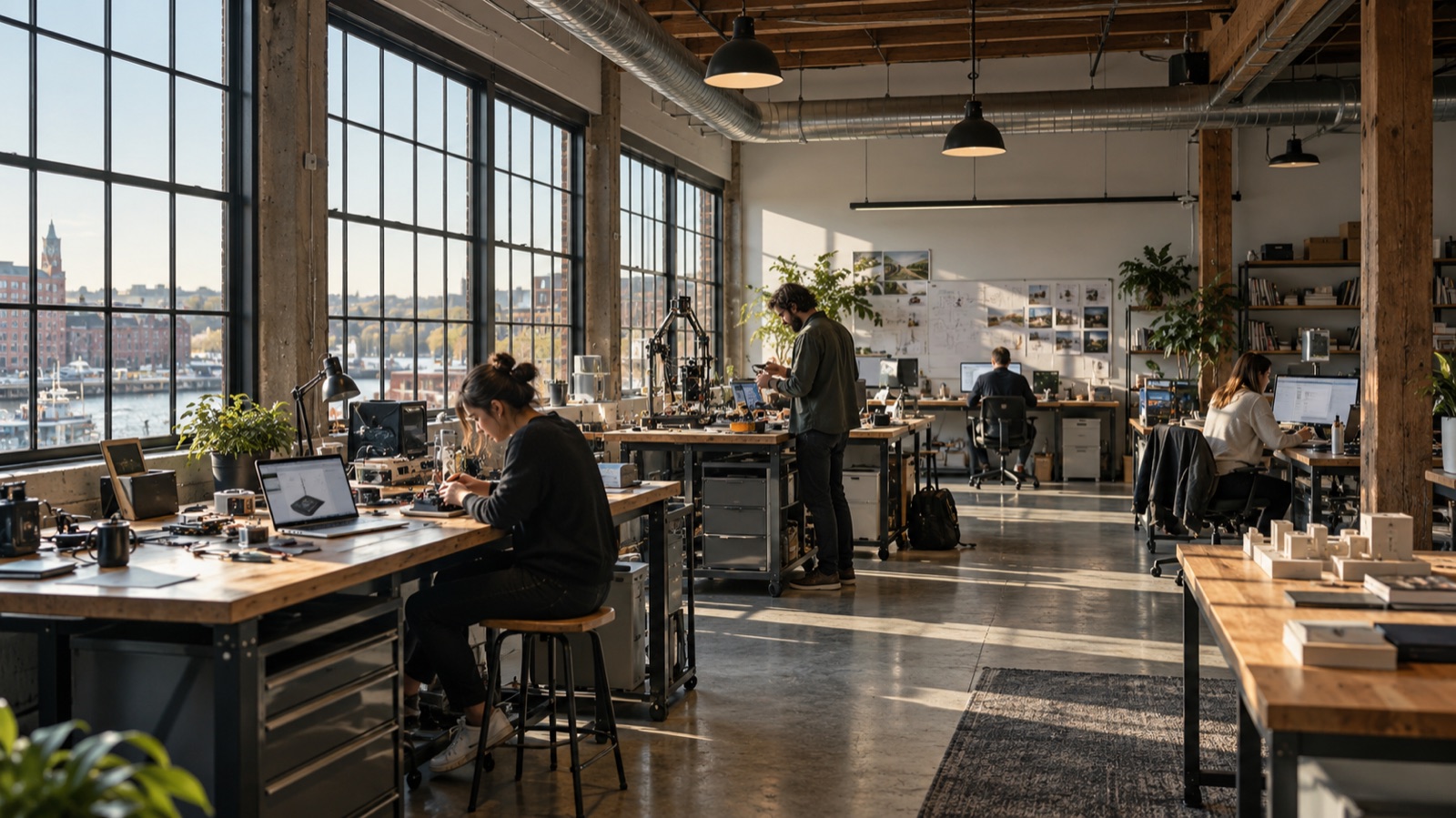A technology team working in a bright engineering studio.